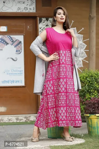 Stylish Rayon Pink Printed 3/4 Sleeves Long Kurta With Jacket Set For Women-thumb3