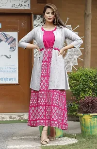 Stylish Rayon Pink Printed 3/4 Sleeves Long Kurta With Jacket Set For Women-thumb1