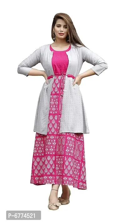 Stylish Rayon Pink Printed 3/4 Sleeves Long Kurta With Jacket Set For Women-thumb0