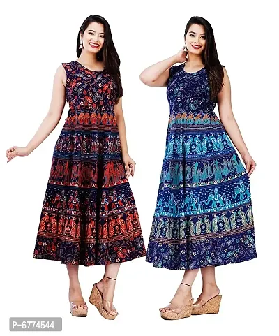 Stylish Cotton Navy Blue And Blue Jaipuri Rajasthani Printed Sleeveless Maxi Length Kurta For Women- Pack Of 2-thumb0