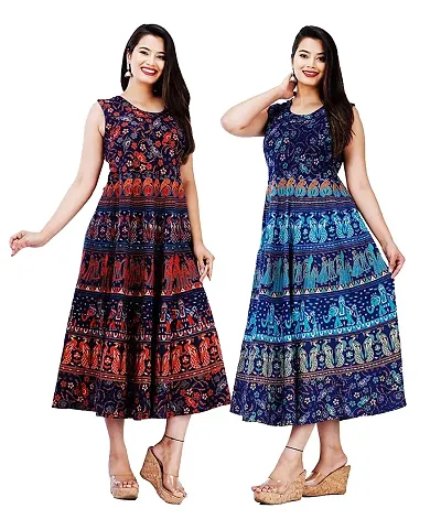 Stylish And Jaipuri Rajasthani Sleeveless Maxi Length Kurta For Women- Pack Of 2