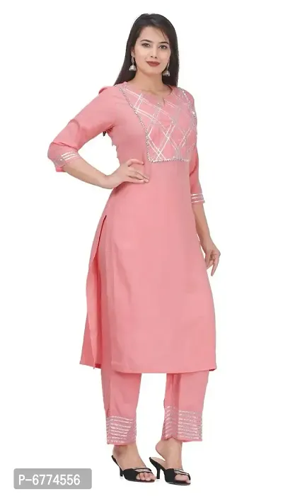 Stylish Rayon Pink Gota Work 3/4 Sleeves Straight Kurta With Palazzo Set For Women