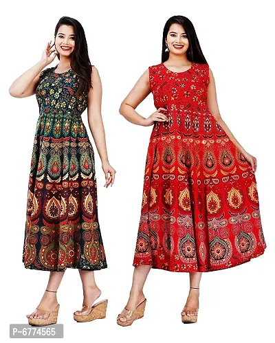 Stylish Cotton Green And Red Jaipuri Rajasthani Printed Sleeveless Maxi Length Kurta For Women- Pack Of 2-thumb0