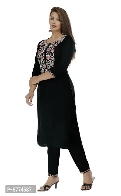 Stylish Rayon Black Embroidered 3/4 Sleeves Straight Kurta With Pant Set For Women-thumb3