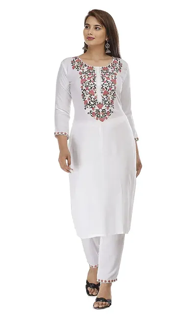 Stylish Rayon Embroidered 3/4 Sleeves Straight Kurta With Pant Set For Women