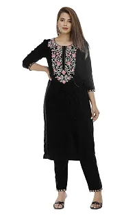 Stylish Rayon Black Embroidered 3/4 Sleeves Straight Kurta With Pant Set For Women-thumb1
