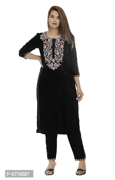 Stylish Rayon Black Embroidered 3/4 Sleeves Straight Kurta With Pant Set For Women-thumb2