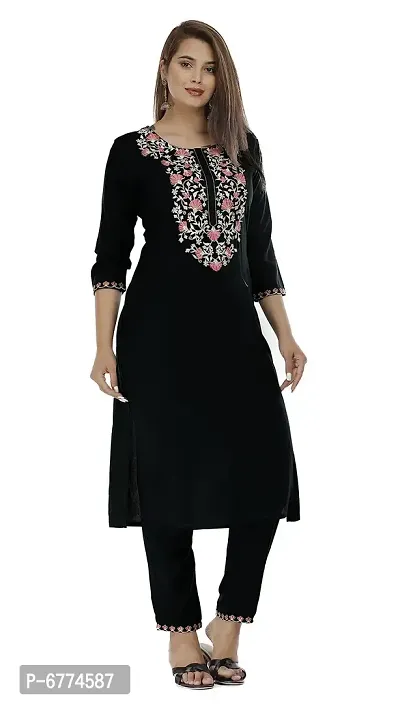 Stylish Rayon Black Embroidered 3/4 Sleeves Straight Kurta With Pant Set For Women-thumb0