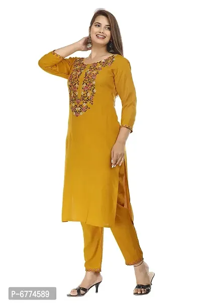 Stylish Rayon Mustard Embroidered 3/4 Sleeves Straight Kurta With Pant Set For Women-thumb3