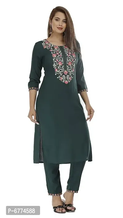 Stylish Rayon Green Embroidered 3/4 Sleeves Straight Kurta With Pant Set For Women-thumb0