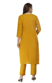 Stylish Rayon Mustard Embroidered 3/4 Sleeves Straight Kurta With Pant Set For Women-thumb1