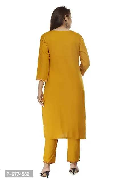 Stylish Rayon Mustard Embroidered 3/4 Sleeves Straight Kurta With Pant Set For Women-thumb2