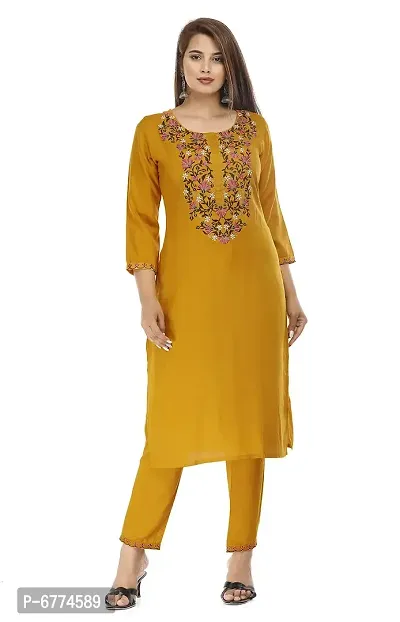 Stylish Rayon Mustard Embroidered 3/4 Sleeves Straight Kurta With Pant Set For Women