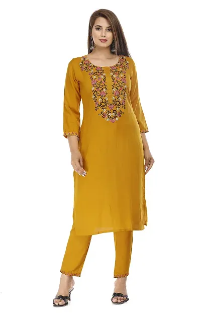 Stylish Rayon Embroidered Straight Kurta With Pant Set