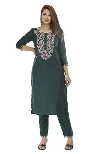 Stylish Rayon Green Embroidered 3/4 Sleeves Straight Kurta With Pant Set For Women-thumb3