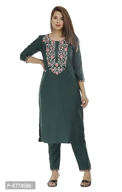 Stylish Rayon Green Embroidered 3/4 Sleeves Straight Kurta With Pant Set For Women-thumb4