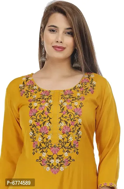 Stylish Rayon Mustard Embroidered 3/4 Sleeves Straight Kurta With Pant Set For Women-thumb5