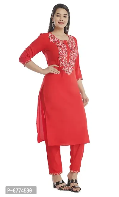 Stylish Rayon Red Embroidered 3/4 Sleeves Straight Kurta With Pant Set For Women