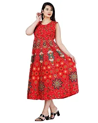 Stylish Cotton Red Jaipuri Rajasthani Printed Sleeveless Maxi Frock Long Kurta For Women-thumb2