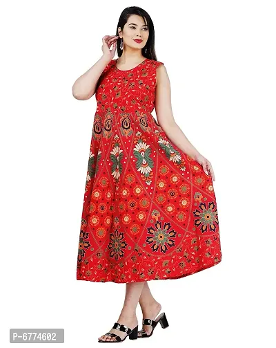 Stylish Cotton Red Jaipuri Rajasthani Printed Sleeveless Maxi Frock Long Kurta For Women-thumb3