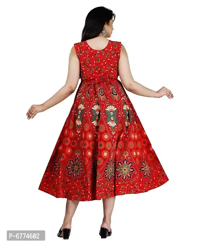 Stylish Cotton Red Jaipuri Rajasthani Printed Sleeveless Maxi Frock Long Kurta For Women-thumb2