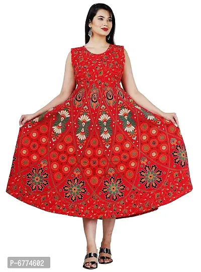Stylish Cotton Red Jaipuri Rajasthani Printed Sleeveless Maxi Frock Long Kurta For Women-thumb0