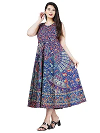 Stylish Cotton Blue Jaipuri Rajasthani Printed Sleeveless Maxi Long Kurta For Women-thumb2