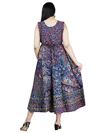 Stylish Cotton Blue Jaipuri Rajasthani Printed Sleeveless Maxi Long Kurta For Women-thumb1