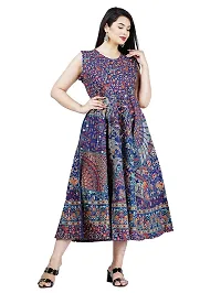 Stylish Cotton Blue Jaipuri Rajasthani Printed Sleeveless Maxi Long Kurta For Women-thumb3