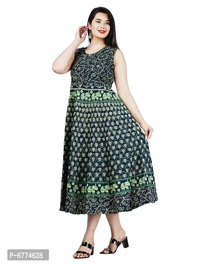 Stylish Cotton Green Jaipuri Rajasthani Printed Sleeveless Maxi Long Kurta For Women-thumb3