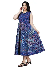 Stylish Cotton Blue Jaipuri Rajasthani Printed Sleeveless Maxi Long Kurta For Women-thumb2