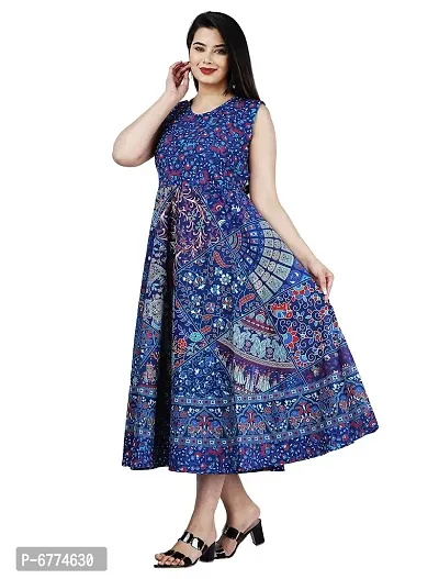 Stylish Cotton Blue Jaipuri Rajasthani Printed Sleeveless Maxi Long Kurta For Women-thumb3