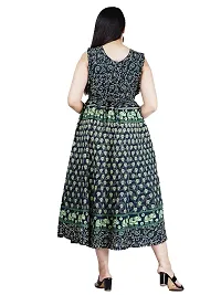 Stylish Cotton Green Jaipuri Rajasthani Printed Sleeveless Maxi Long Kurta For Women-thumb1