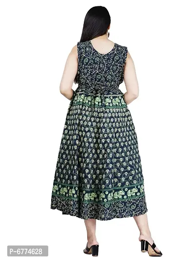 Stylish Cotton Green Jaipuri Rajasthani Printed Sleeveless Maxi Long Kurta For Women-thumb2