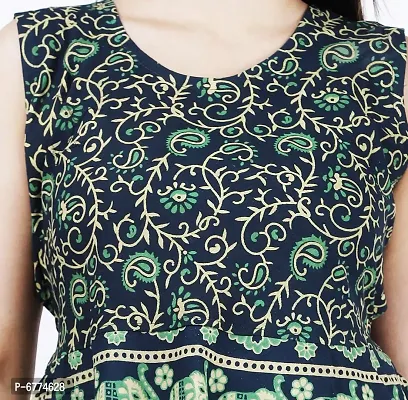 Stylish Cotton Green Jaipuri Rajasthani Printed Sleeveless Maxi Long Kurta For Women-thumb5