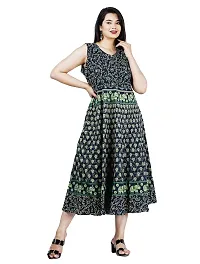 Stylish Cotton Green Jaipuri Rajasthani Printed Sleeveless Maxi Long Kurta For Women-thumb3