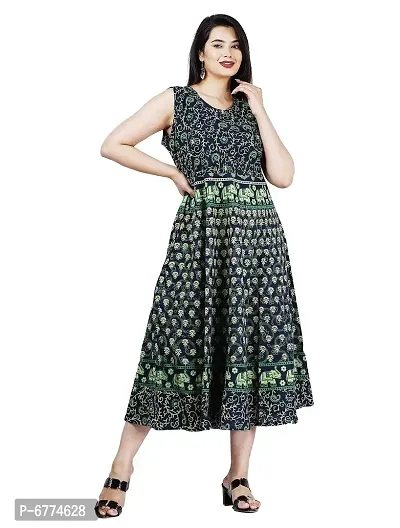 Stylish Cotton Green Jaipuri Rajasthani Printed Sleeveless Maxi Long Kurta For Women-thumb4