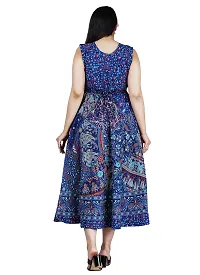 Stylish Cotton Blue Jaipuri Rajasthani Printed Sleeveless Maxi Long Kurta For Women-thumb1