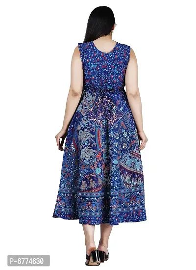 Stylish Cotton Blue Jaipuri Rajasthani Printed Sleeveless Maxi Long Kurta For Women-thumb2