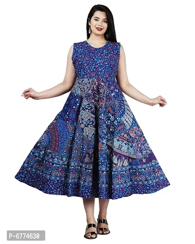 Stylish Cotton Blue Jaipuri Rajasthani Printed Sleeveless Maxi Long Kurta For Women