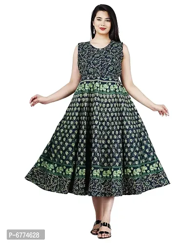 Stylish Cotton Green Jaipuri Rajasthani Printed Sleeveless Maxi Long Kurta For Women-thumb0