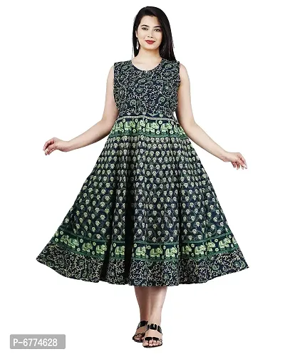 Stylish Cotton Green Jaipuri Rajasthani Printed Sleeveless Maxi Long Kurta For Women