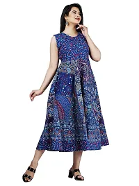 Stylish Cotton Blue Jaipuri Rajasthani Printed Sleeveless Maxi Long Kurta For Women-thumb3