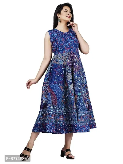 Stylish Cotton Blue Jaipuri Rajasthani Printed Sleeveless Maxi Long Kurta For Women-thumb4