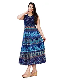 Stylish Cotton Blue Jaipuri Rajasthani Printed Sleeveless Maxi Long Kurta For Women-thumb2