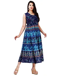 Stylish Cotton Blue Jaipuri Rajasthani Printed Sleeveless Maxi Long Kurta For Women-thumb4