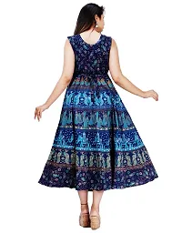 Stylish Cotton Blue Jaipuri Rajasthani Printed Sleeveless Maxi Long Kurta For Women-thumb1