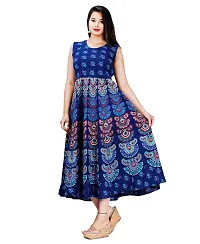 Stylish Cotton Blue Jaipuri Rajasthani Printed Sleeveless Maxi Long Kurta For Women-thumb2