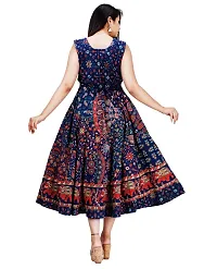 Stylish Cotton Navy Blue Jaipuri Rajasthani Printed Sleeveless Maxi Long Kurta For Women-thumb2