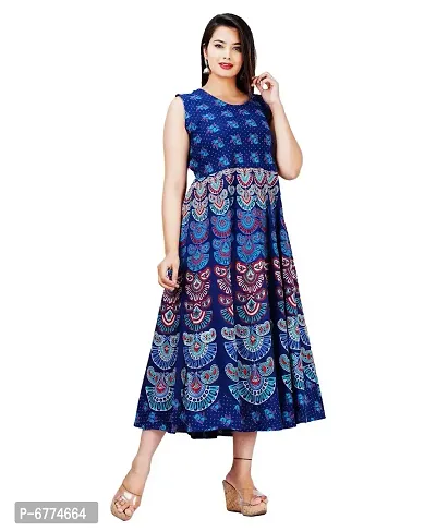 Stylish Cotton Blue Jaipuri Rajasthani Printed Sleeveless Maxi Long Kurta For Women-thumb5